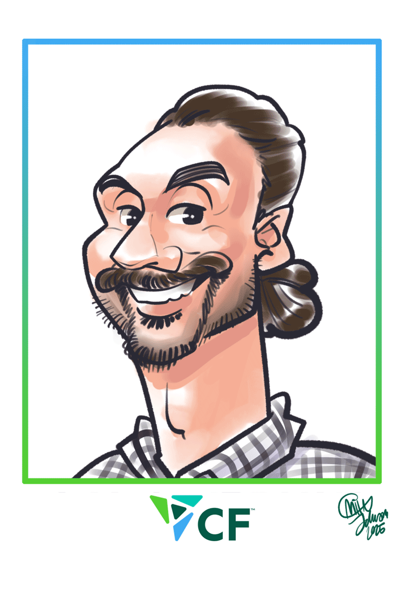 Digital caricature of a man with a goatee and bun in a checkered shirt.