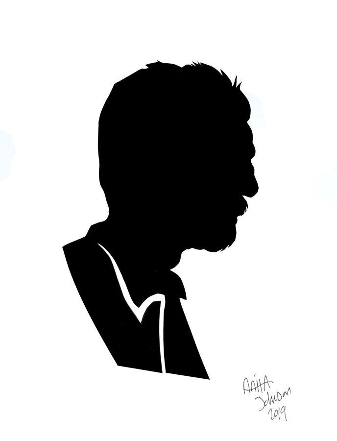 A black silhouette of a man with a collared shirt.