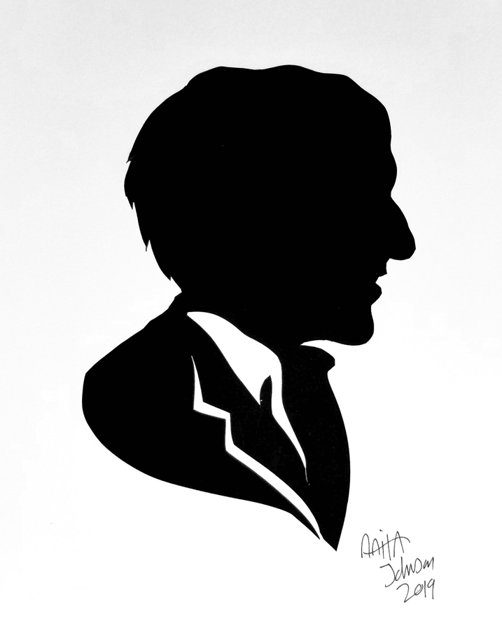 A black silhouette of a man with a suit and collared shirt.