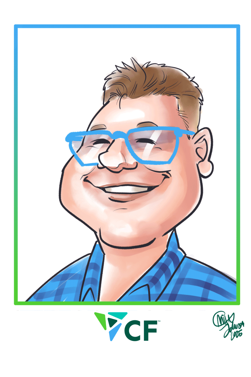 A digital caricature is depicting a man with blue glasses and a plaid blue shirt.