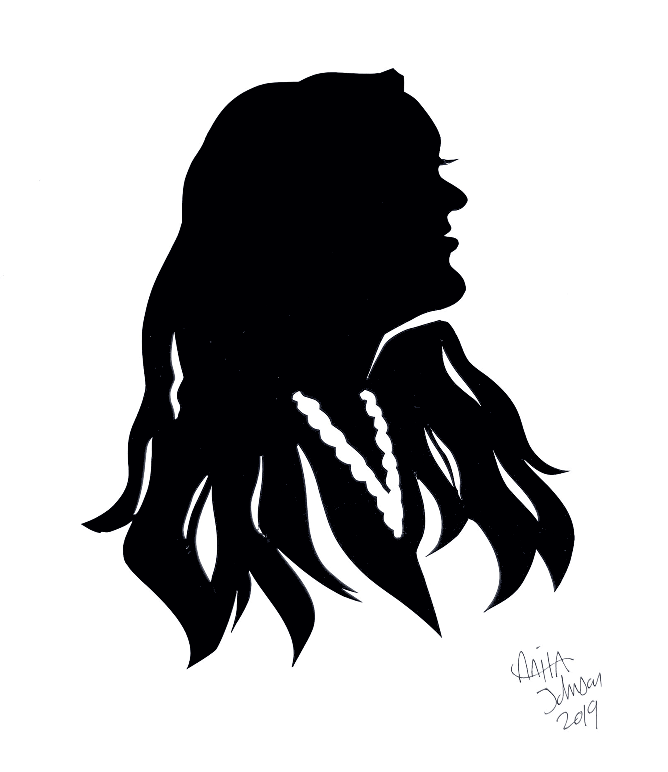 A black silhouette of a woman with long hair and pearl necklace.