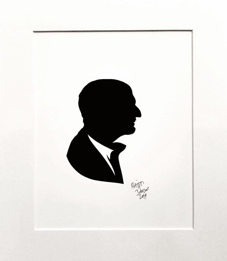 A matted silhouette of a man with a collared shirt.