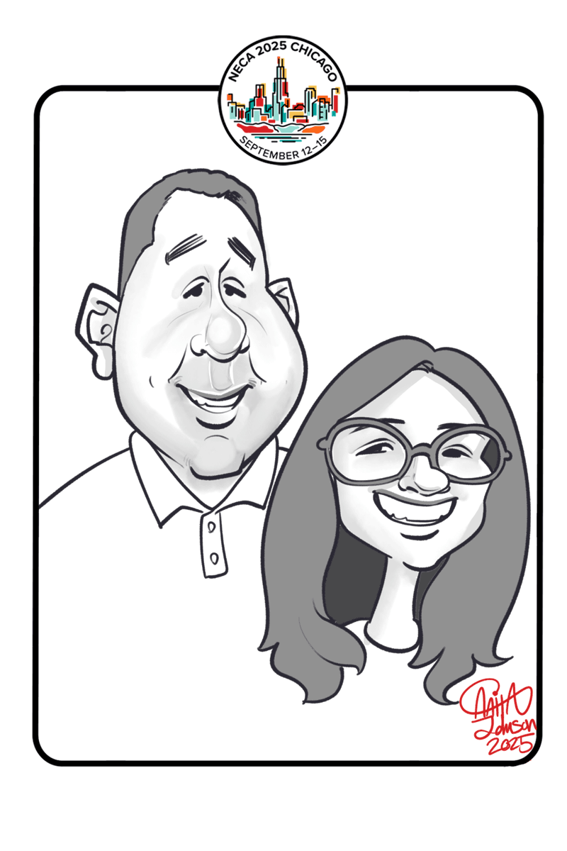 A digital caricature is depicting a smiling man and woman and a black border with the Chicago skyline at the top.