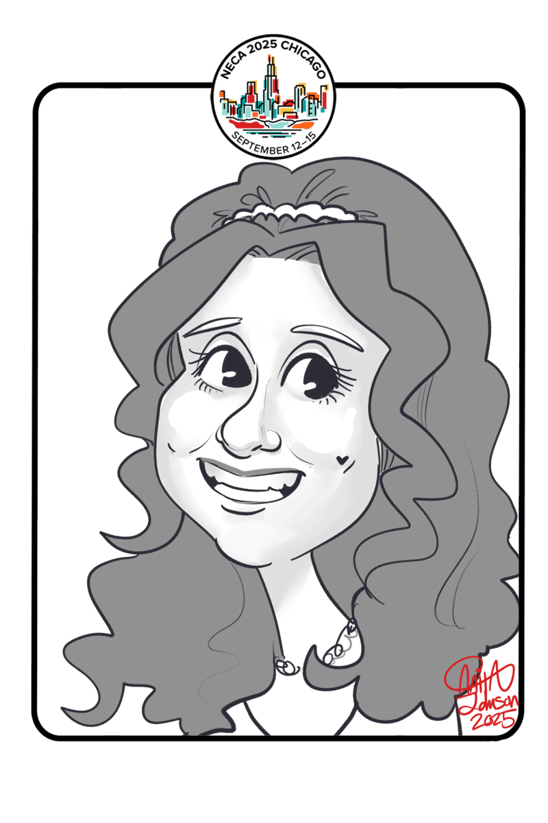 A digital caricature is depicting a smiling woman with long hair and a black border with the Chicago skyline at the top.