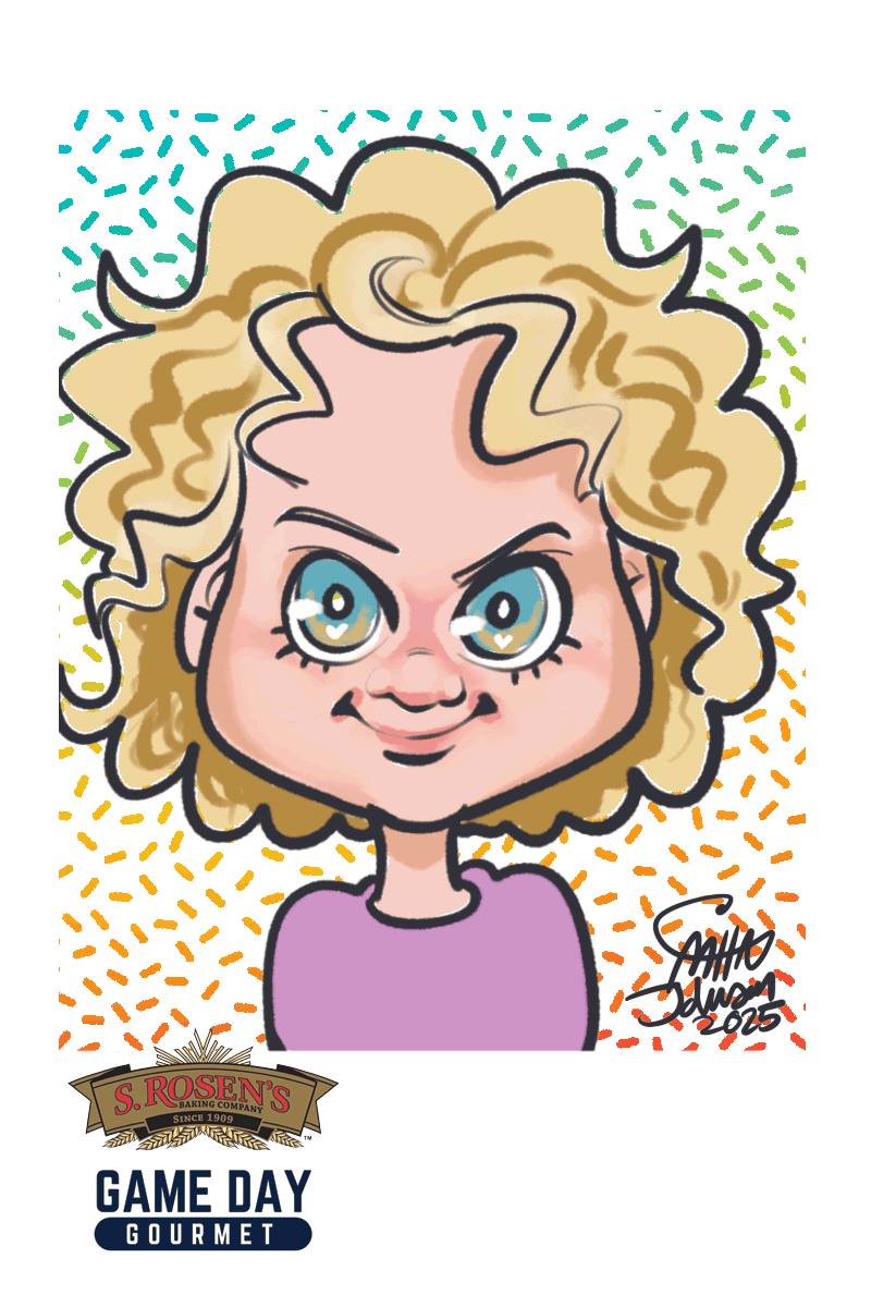 A digital caricature is depicting a little girl with blue eyes and blonde hair with rainbow sprinkles in the background.
