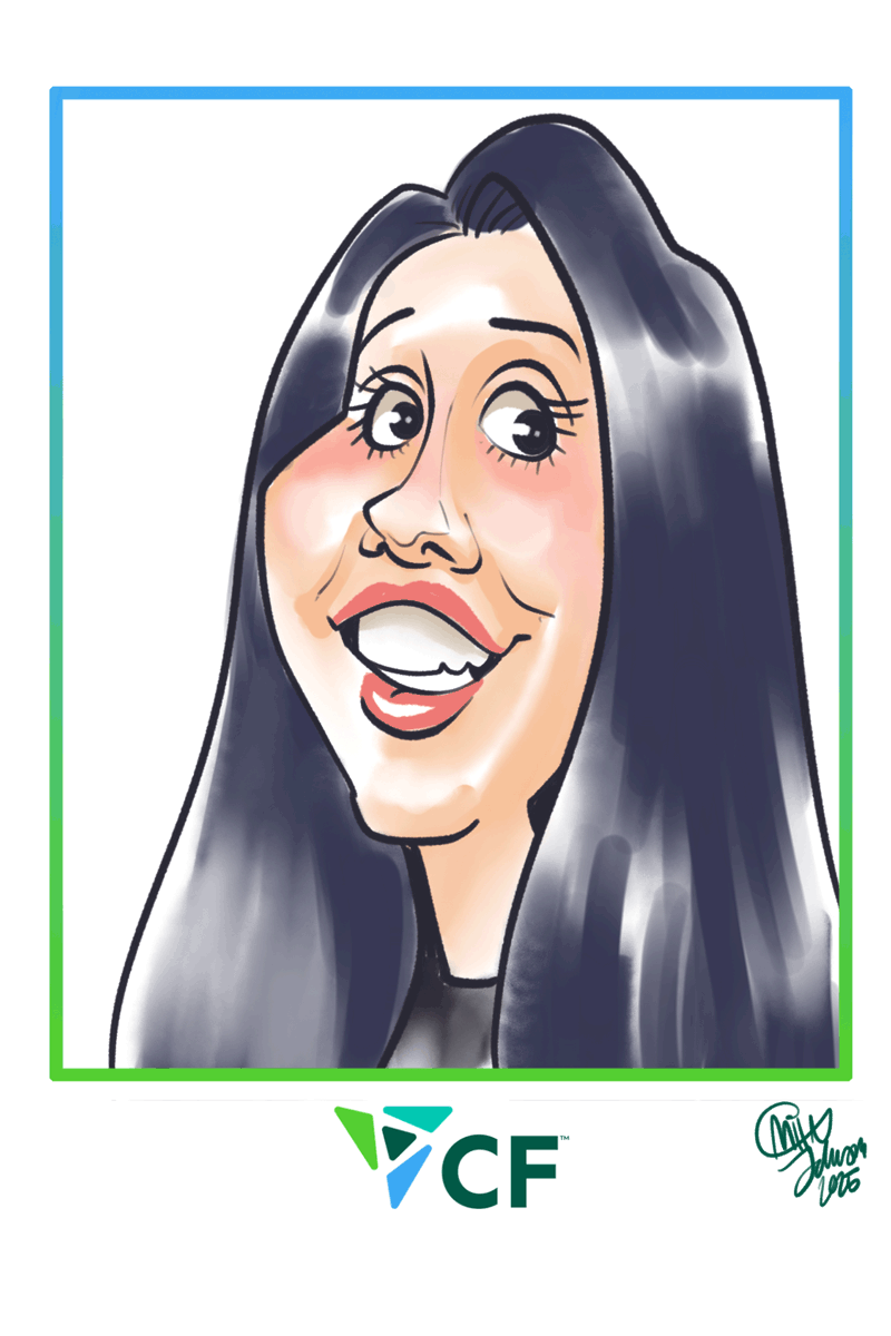 Digital caricature of smiling woman with long, black hair.