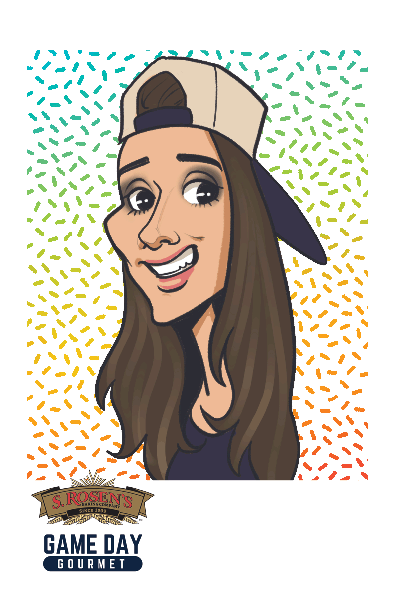 Digital caricature of a woman with brown hair and a tan baseball hat with rainbow confetti in the background.