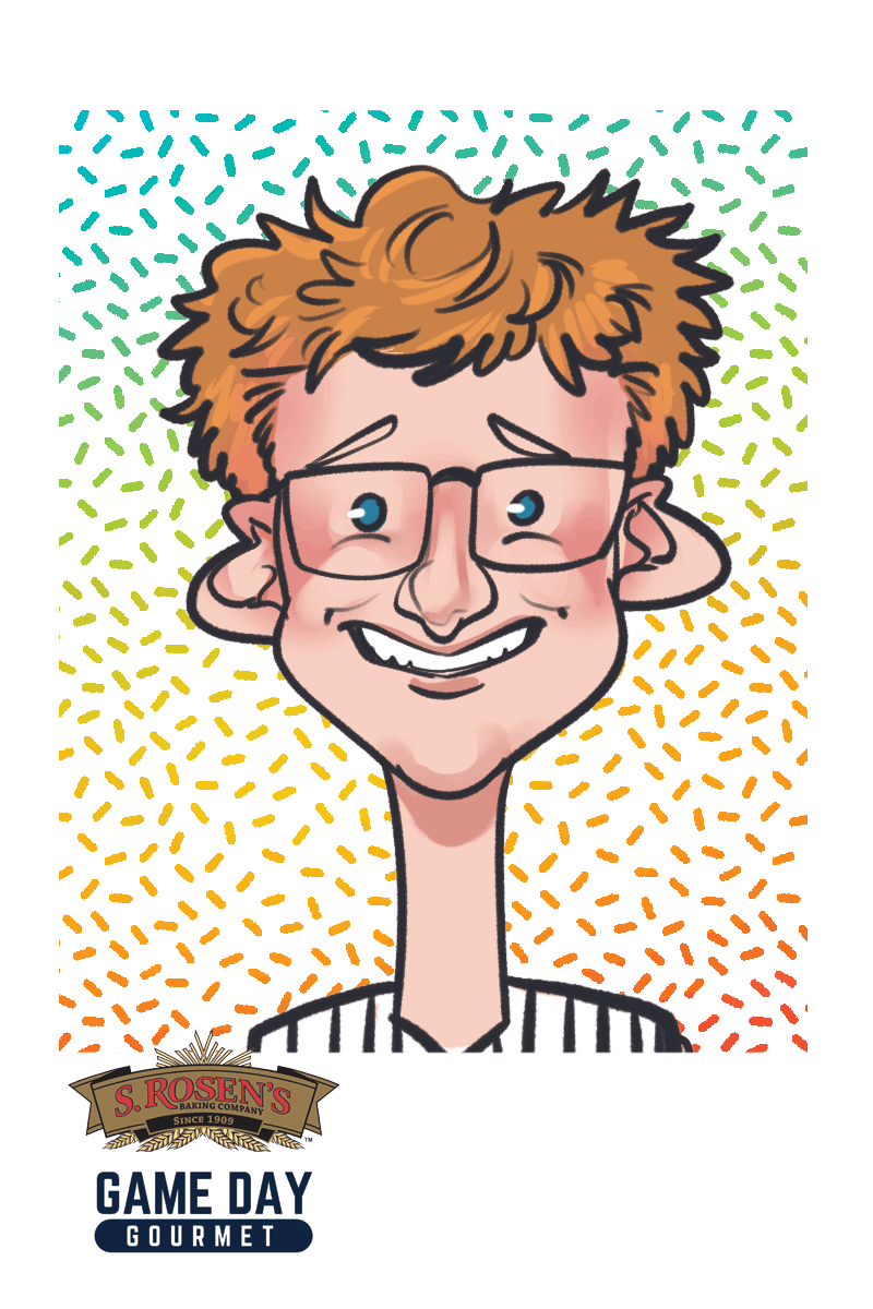 Digital caricature of a man with glasses and orange hair in a striped jersey.