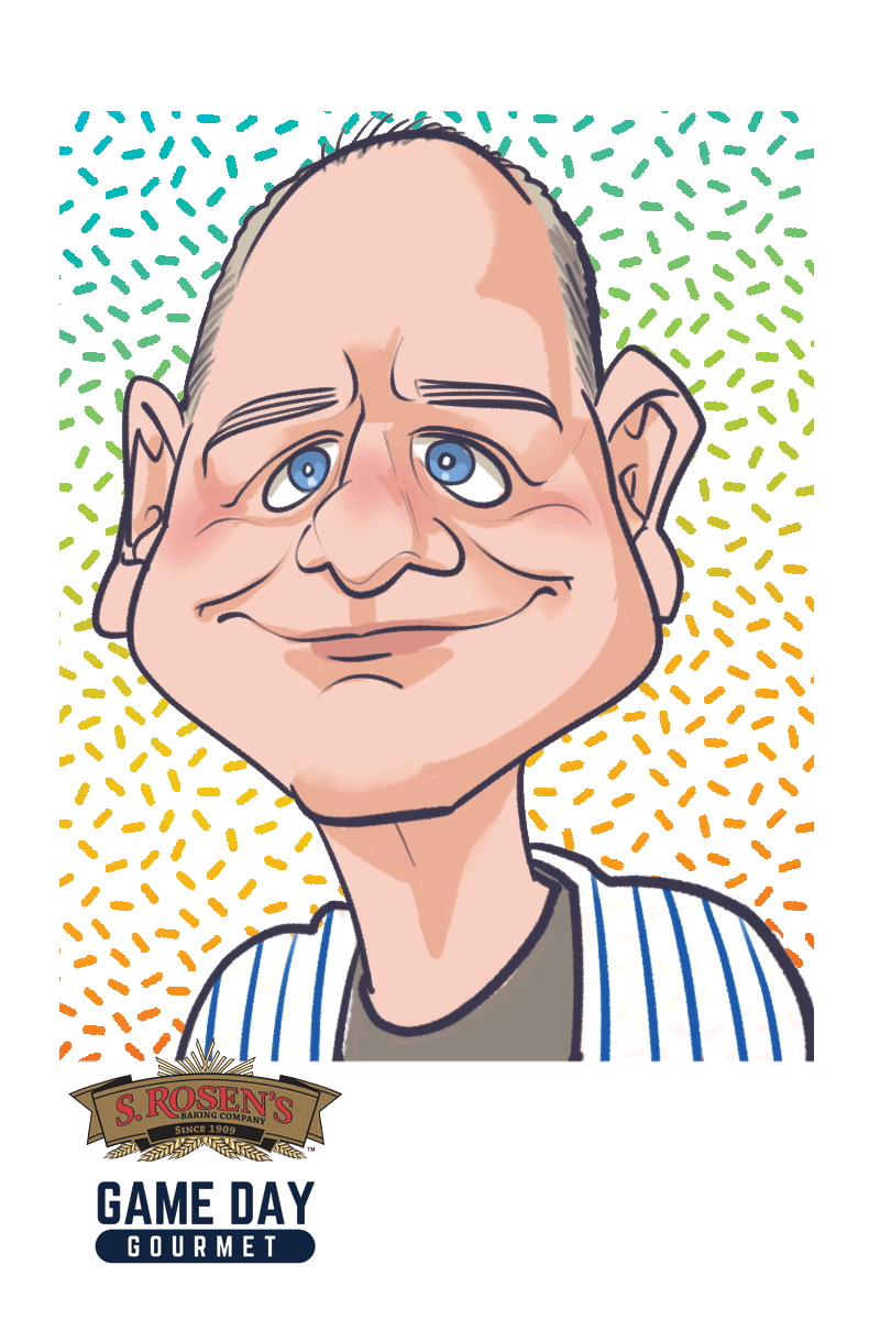 A digital caricature is depicting an older man with a striped jersey with rainbow sprinkles in the background.