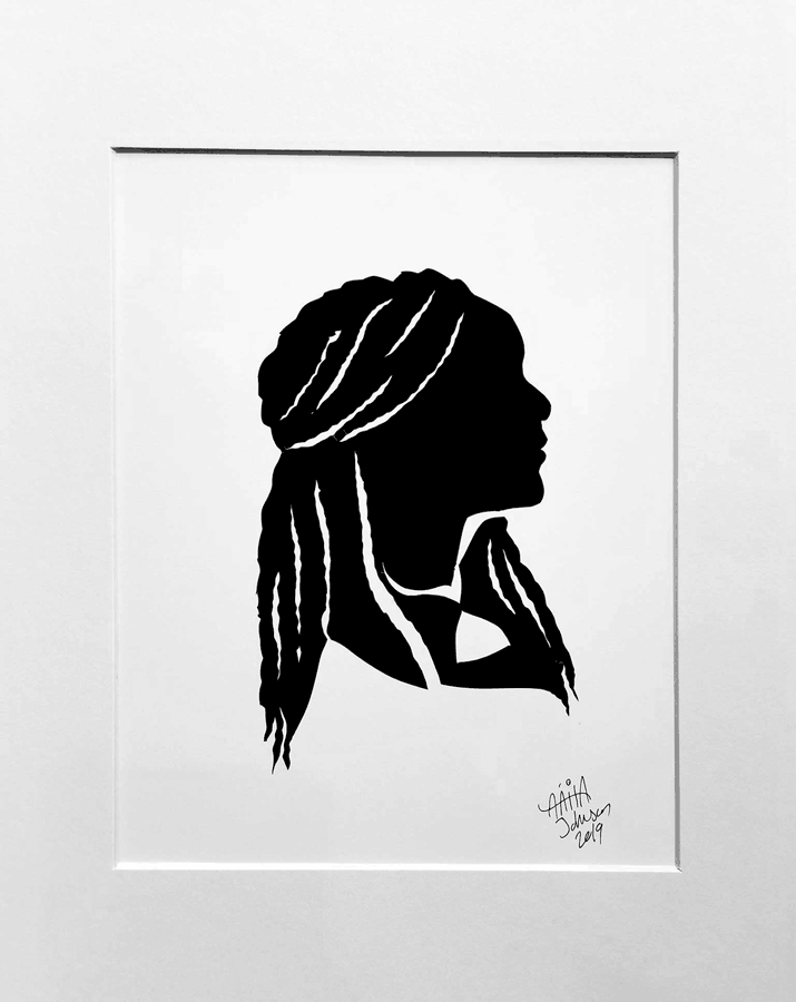 A black silhouette of a woman with long braids and a necklace.