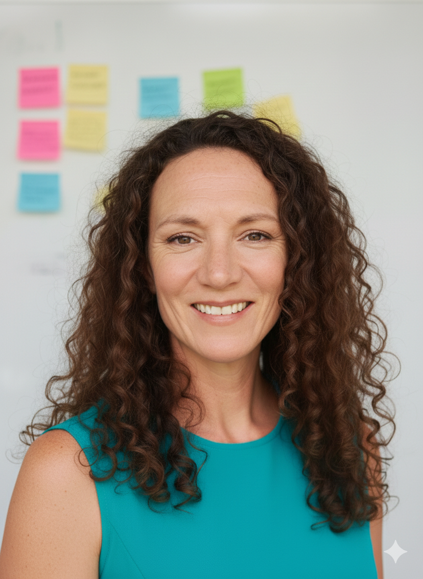 Woman's professional headshot with whiteboard in the background