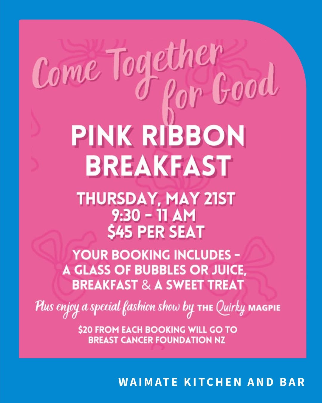 What&rsquo;s happening in May?

It&rsquo;s that time of year again 🦆

As we edge toward winter here are a couple of reasons to get out and about:

Pink Ribbon Breakfast 💗
📍 Waimate Kitchen &amp; Bar
📅 Thursday 21 May
⏰ 9.30 - 11am
💲 $45 per seat