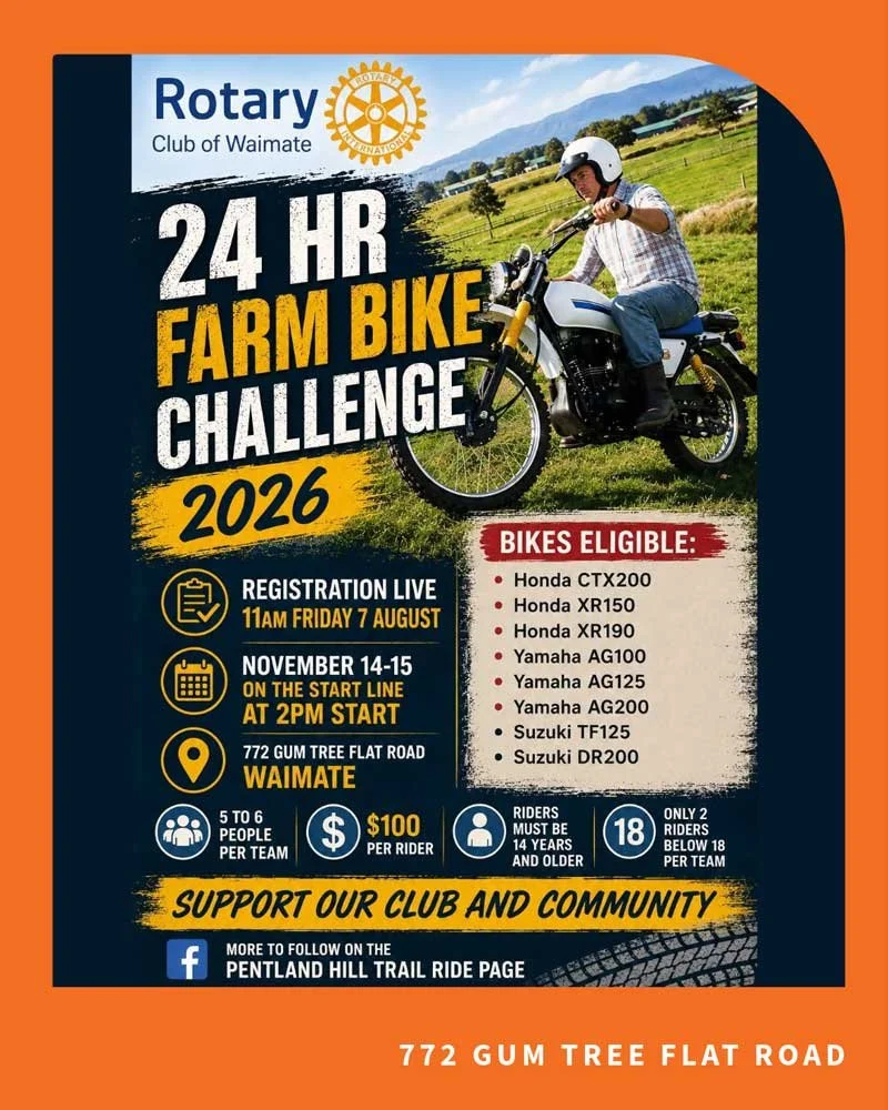 Flyer for the Rotary Club of Waimate's 24-hour farm bike challenge in 2026. Features a man riding a motorcycle across a farm landscape. Details include registration on August 7, the event dates, location at 772 Gum Tree Flat Road Waimate, bike eligibility, team size, rider age requirement, and entry fee. Promotes community support and social media page.