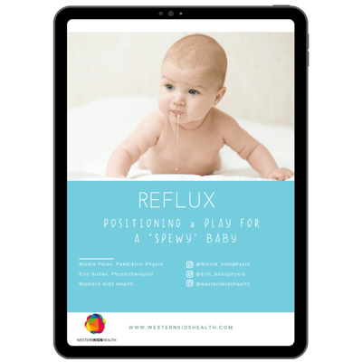 PDF guide showing a baby with reflux and the title play for spewy babies