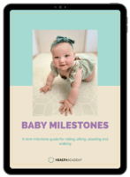 Tablet screen displaying a baby crawling, with the title 'Baby Milestones' and an additional subtitle below.