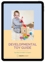 Cover of a developmental toy guide for children, featuring a smiling young child playing with colorful toys.