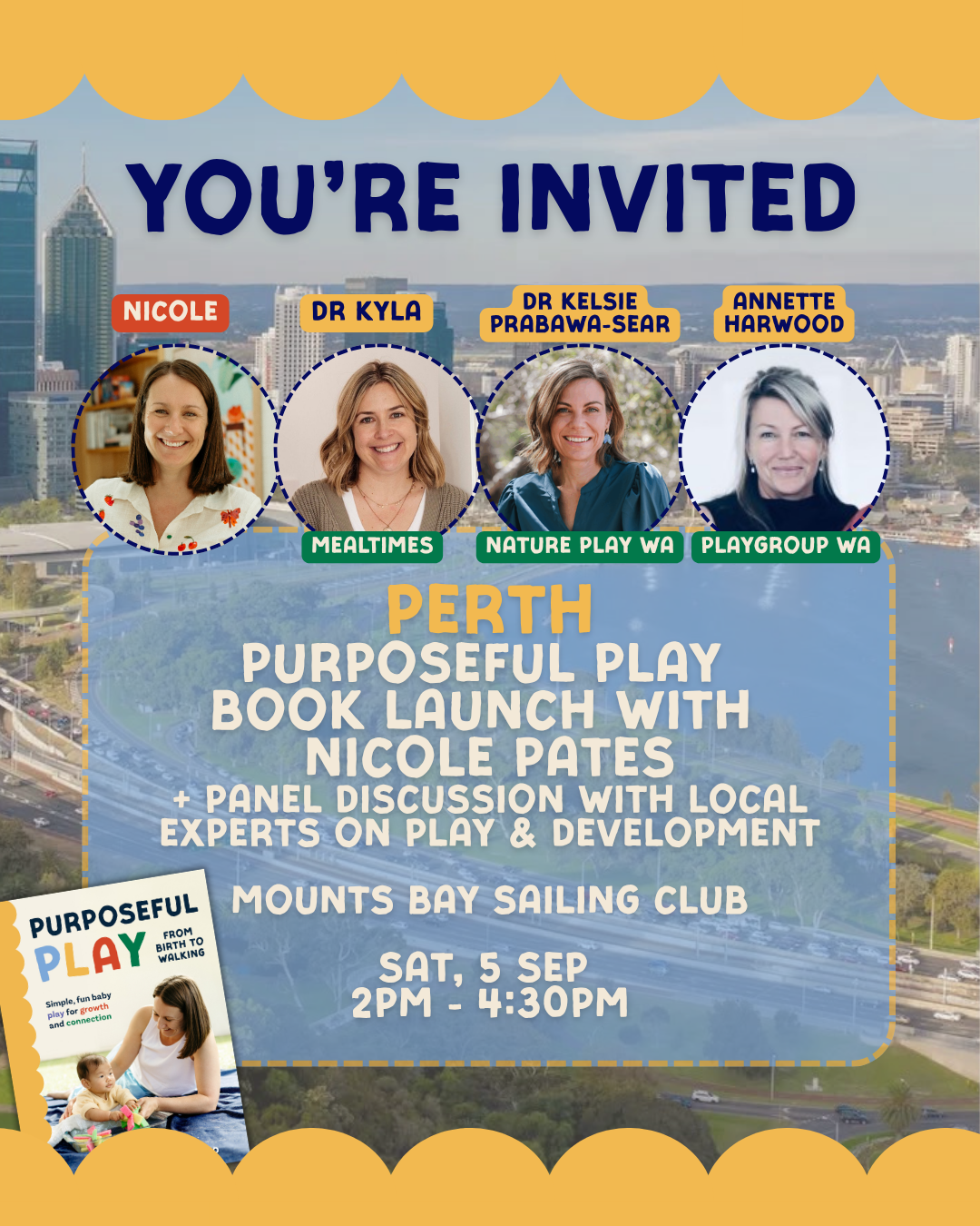 Invitation flyer for a book launch event in Perth, featuring photos of four women, with details about the event including date, time, and location, and a small image of a book titled "Purposeful Play" with a picture of a woman and a child.