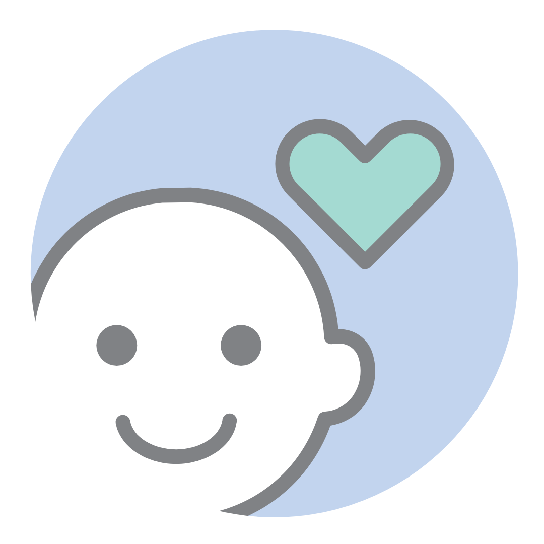 Cartoon face of a smiling person with a green heart above their head on a light blue background.
