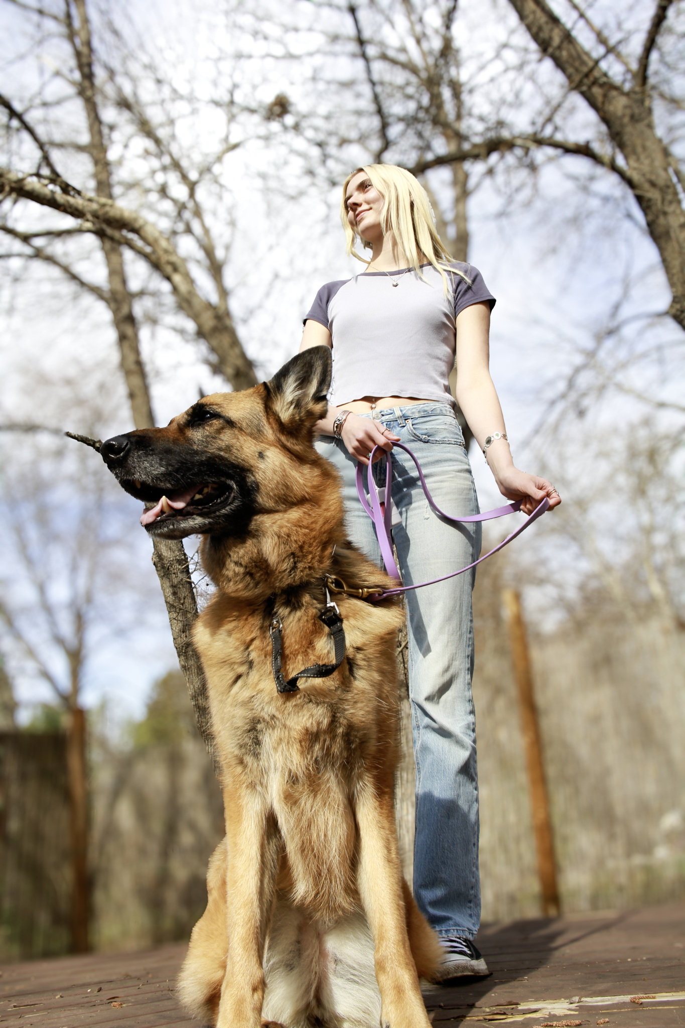 A young woman holding a purple leash attached to a large German Shepherd dog, standing outdoors on a wooden path with trees in the background.