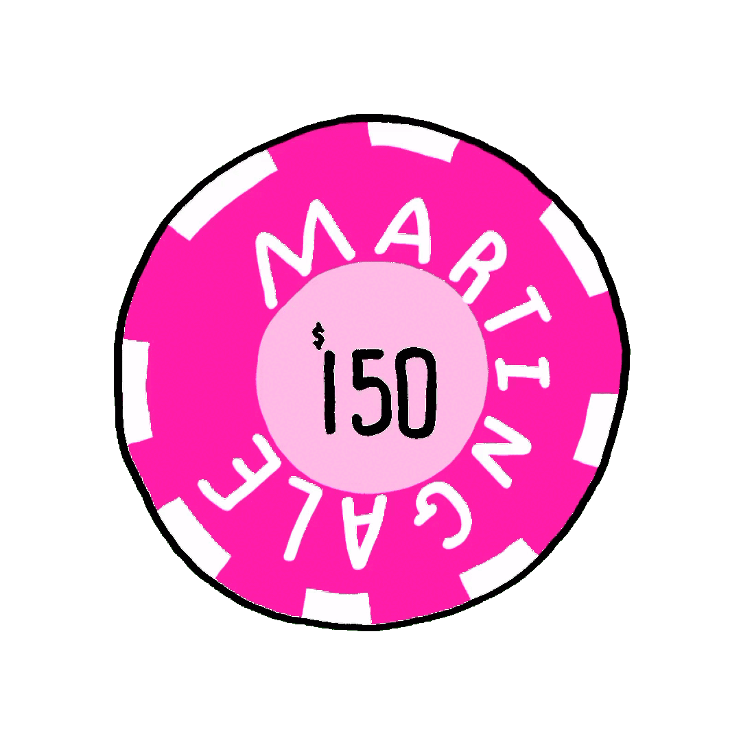 A pink poker chip of 150 dollars.