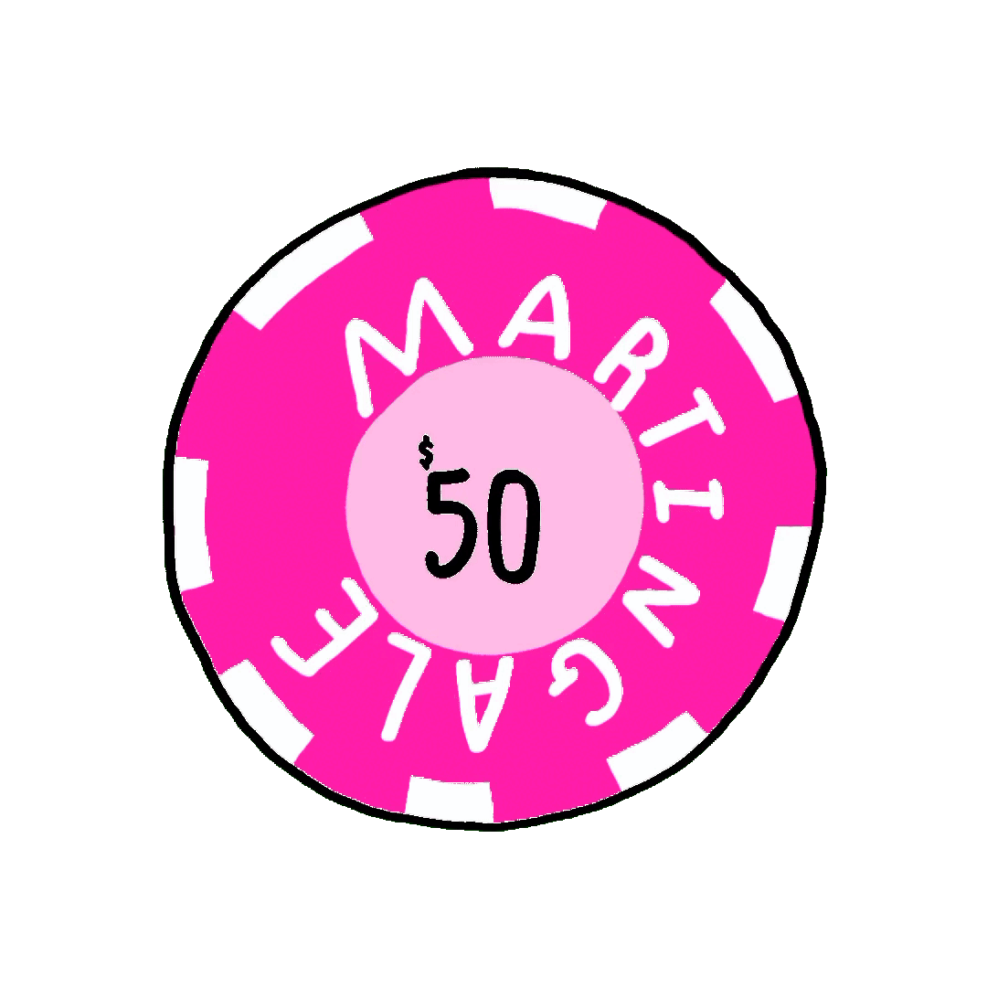 A pink poker chip of 50 dollars.