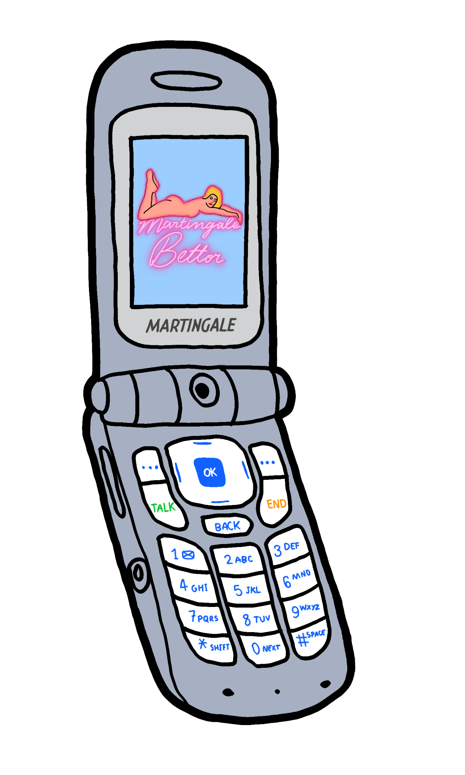Illustration of a flip phone with a screen displaying a of a reclining woman and the text 'Martingale Bettor' in pink cursive. The phone has a numeric keypad and colored buttons labeled TALK, END, BACK, and other standard phone functions.
