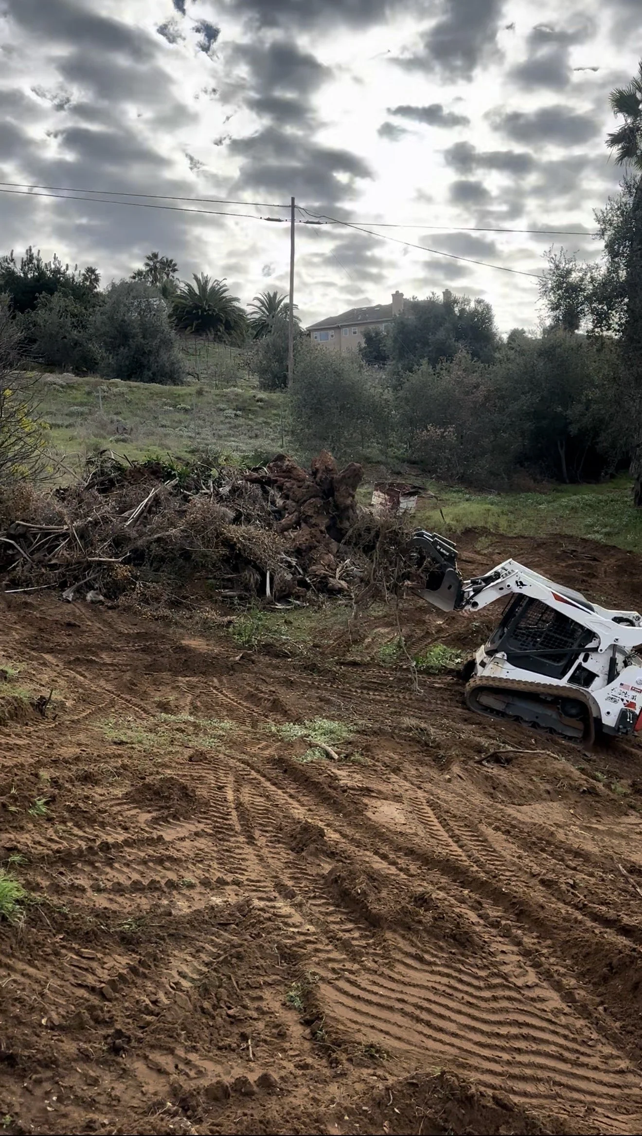 A small construction or landscaping vehicle clearing debris on a dirt slope with tracks left in the soil. The background shows trees, a house, and a cloudy sky.