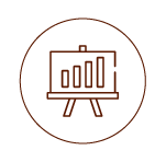 Icon of a presentation board with a bar graph on it, on a tripod stand, inside a circle.