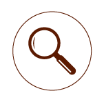 Magnifying glass icon with an orange outline.