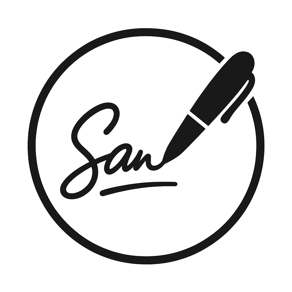 Black circular logo with the name 'Sam' written in cursive and a pen image integrated into the design.