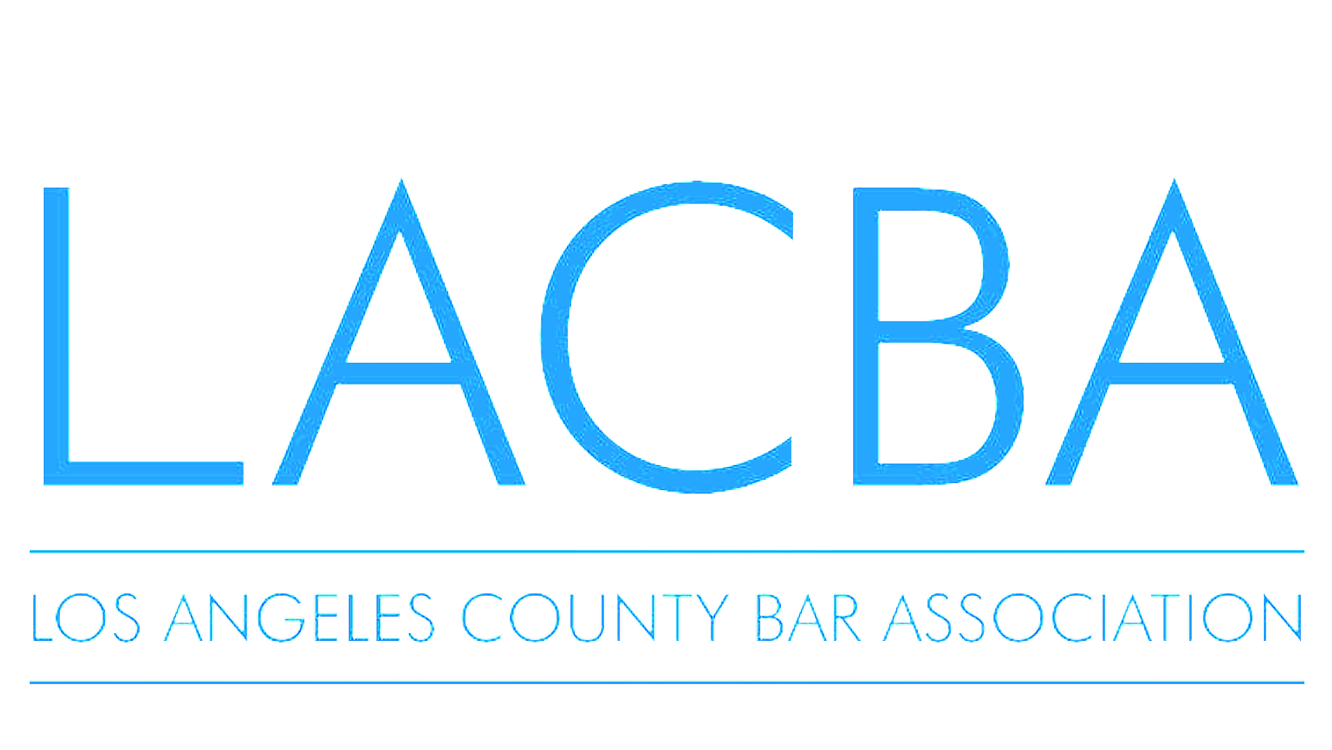 Logo of the Los Angeles County Bar Association (LACBA) in blue text with black shadows on a black background