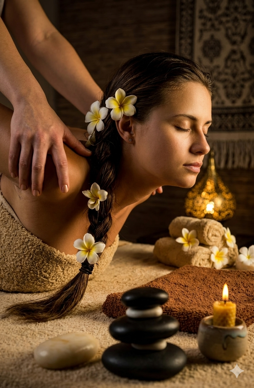 A woman receiving a massage at a spa, with flowers in her hair, surrounded by candles and spa accessories.