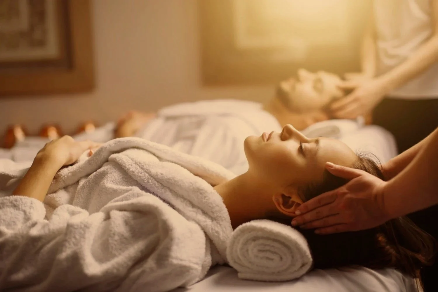 A woman receiving a head massage while lying on a bed with a towel wrapped around her head, in a cozy, warmly lit room.