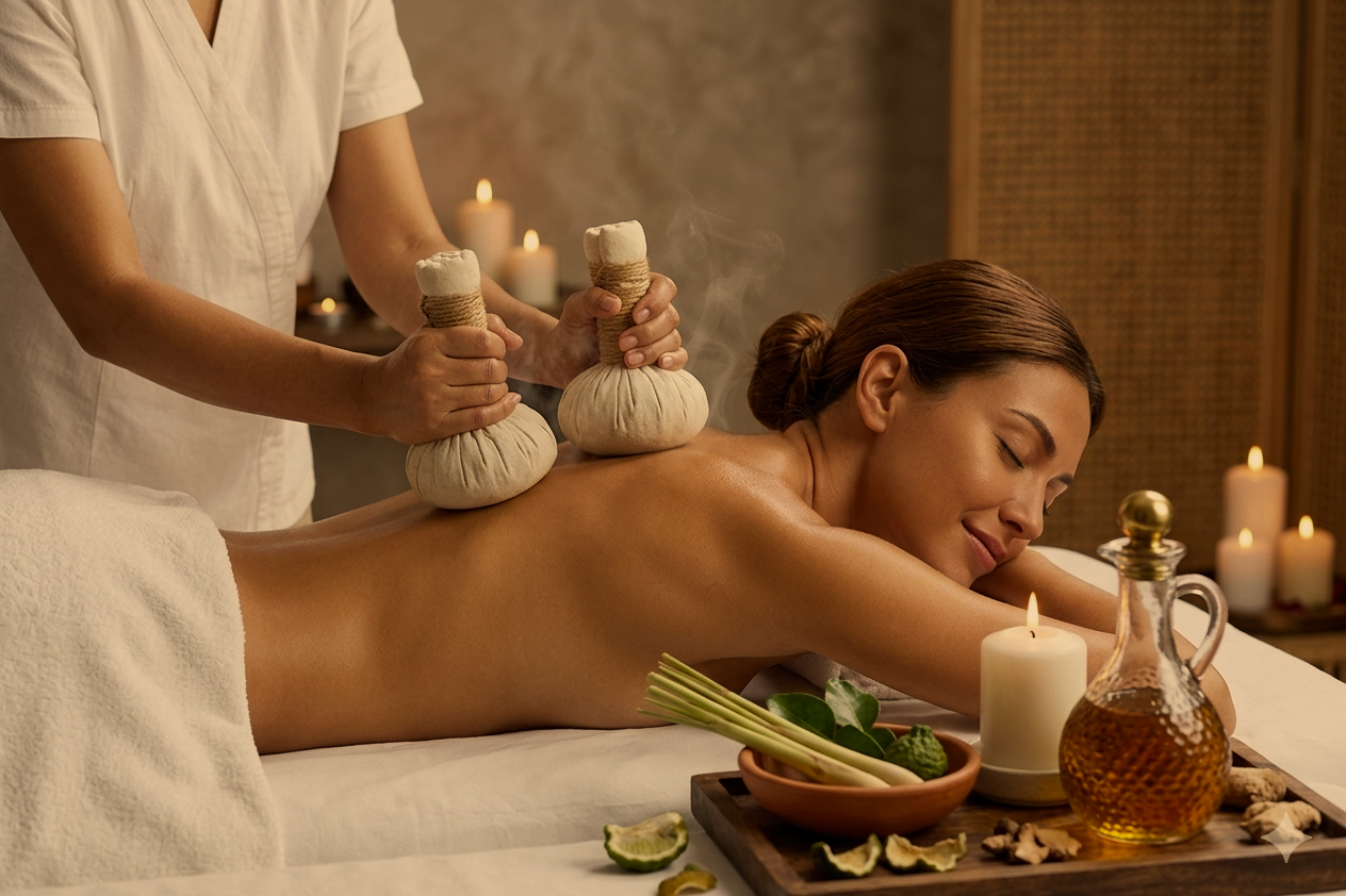 A woman receives a hot stone massage in a spa room with lit candles, a bowl of herbs, and a bottle of massage oil.