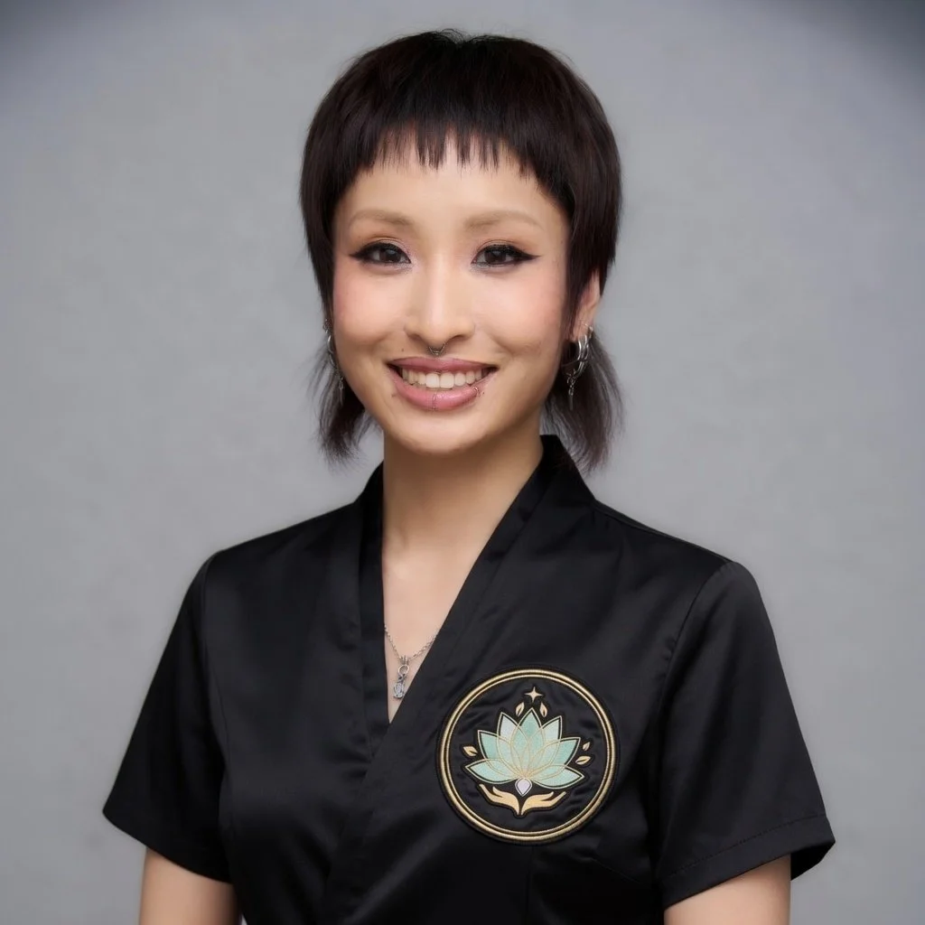 A young woman with short dark hair, light makeup, and earrings, smiling and wearing a black shirt with a lotus flower logo on the chest against a plain gray background.