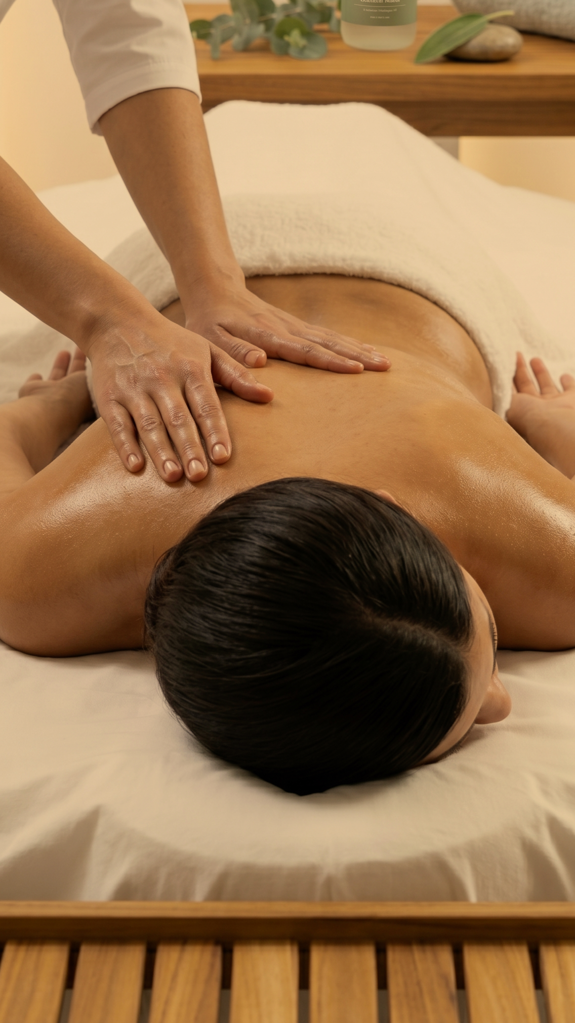 A person receiving a back massage in a spa or massage therapy setting.