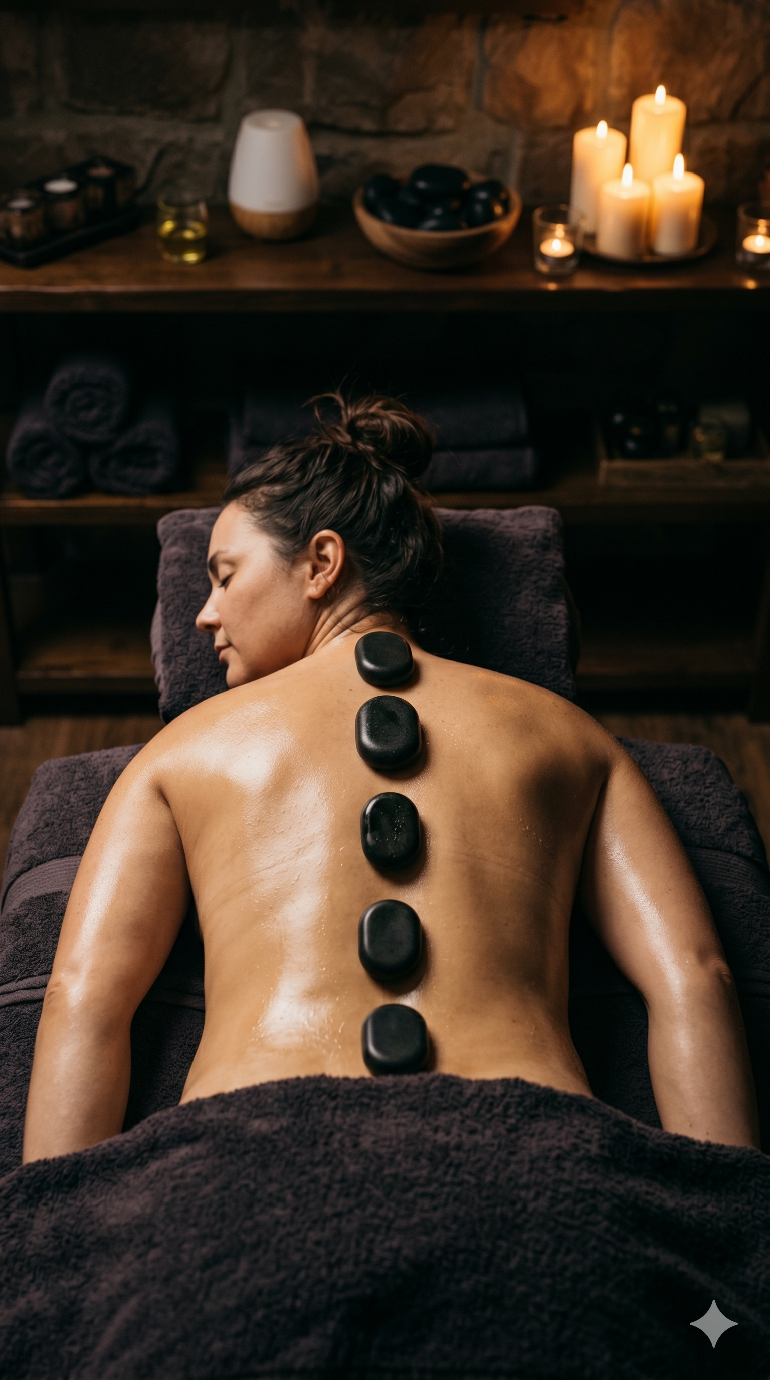 A woman lying face down on a massage table, receiving a hot stone massage with black stones along her back. The room has soft lighting, candles, and spa supplies in the background.