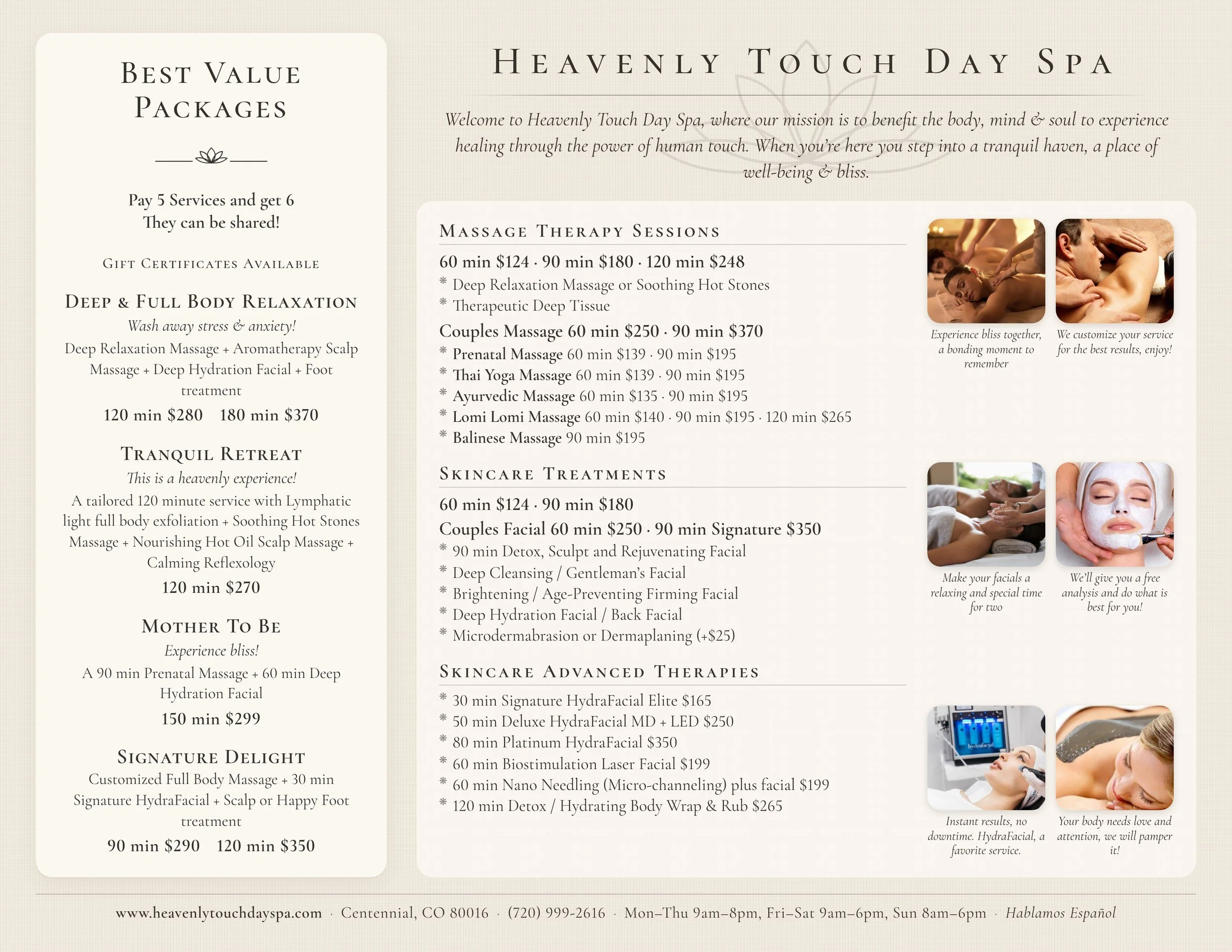 Heavenly Touch Day Spa menu, page 2 (inside)