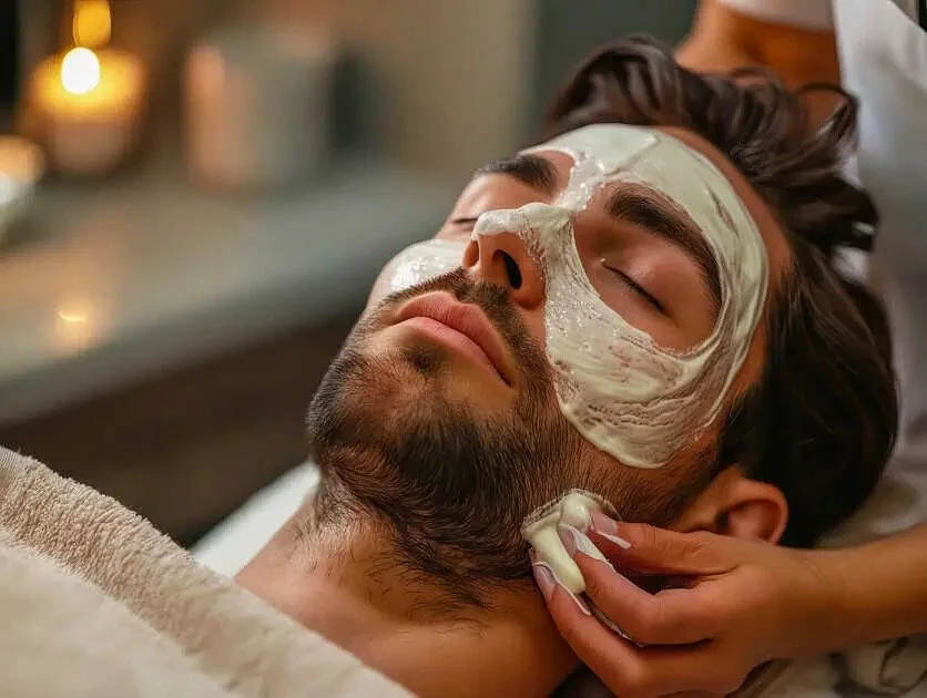A man with a face mask relaxing at a spa or facial treatment with eyes closed.