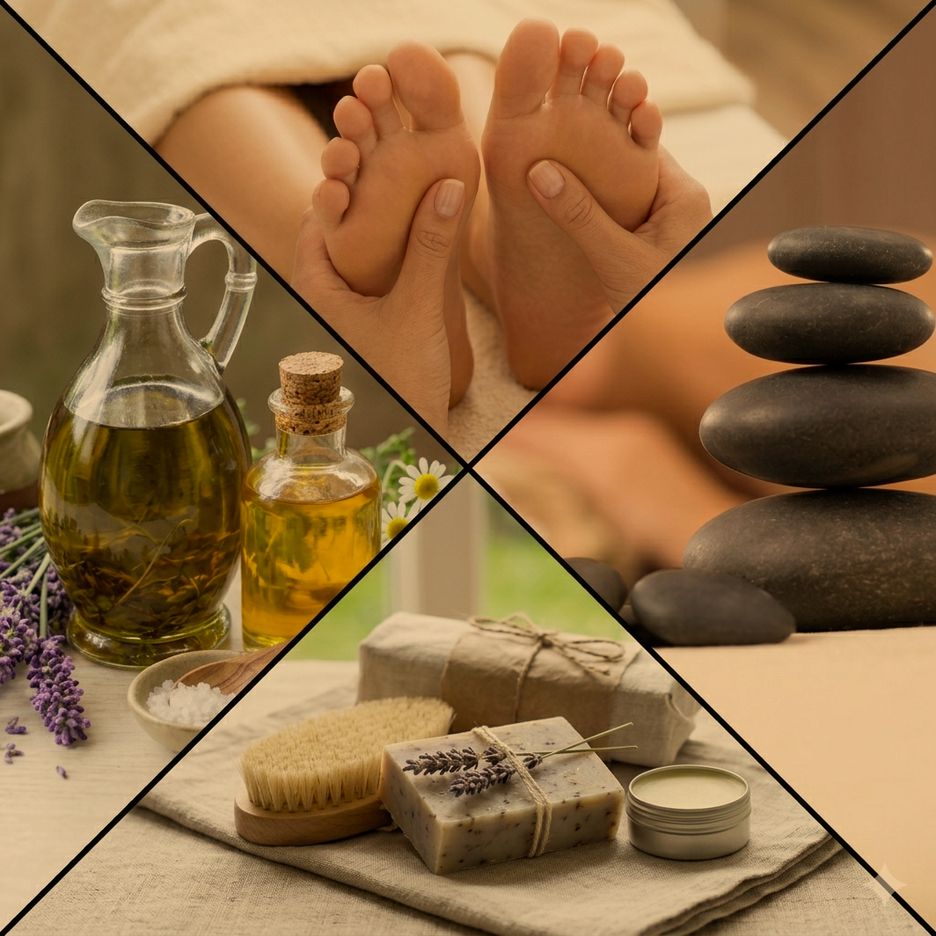 Collage of images showing spa and relaxation items: a person receiving a foot massage, stacked stones for hot stone therapy, bottles of essential oils with lavender and herbs, and natural skincare products with soap, brushes, and dried lavender.