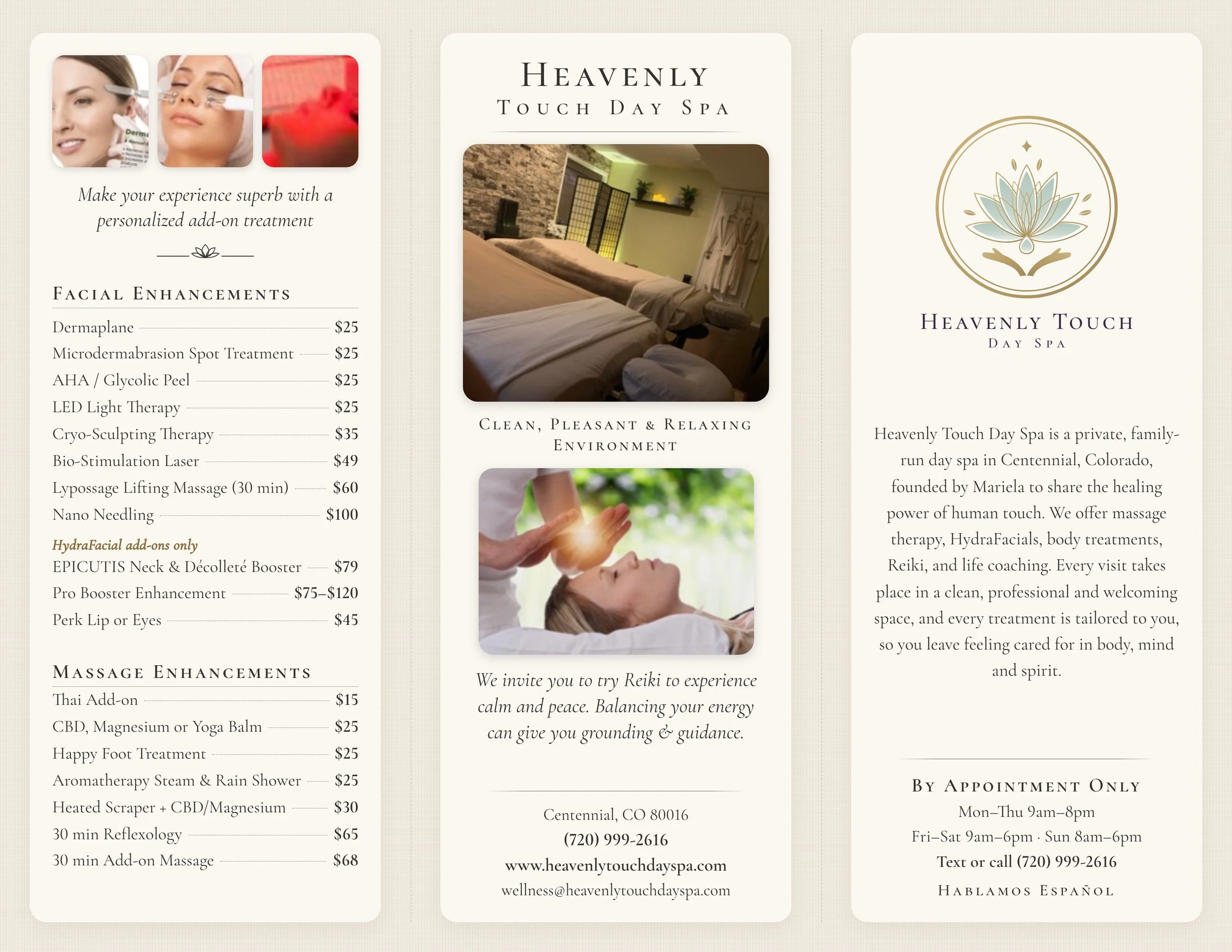 Heavenly Touch Day Spa menu, page 1 (front)