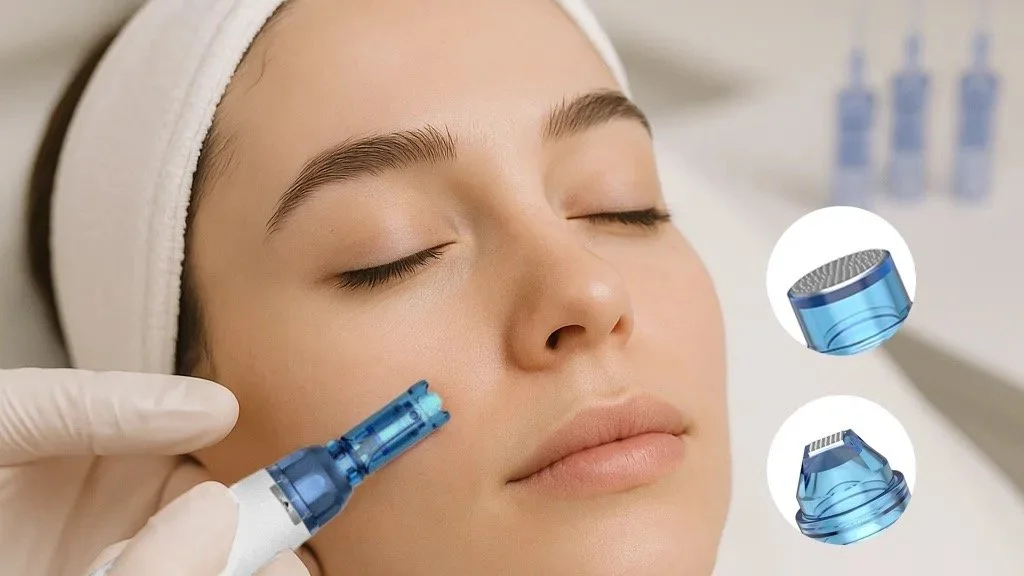 A woman receiving a cosmetic or skincare treatment using a blue facial device applied to her cheek, with her eyes closed, in a clinical setting.