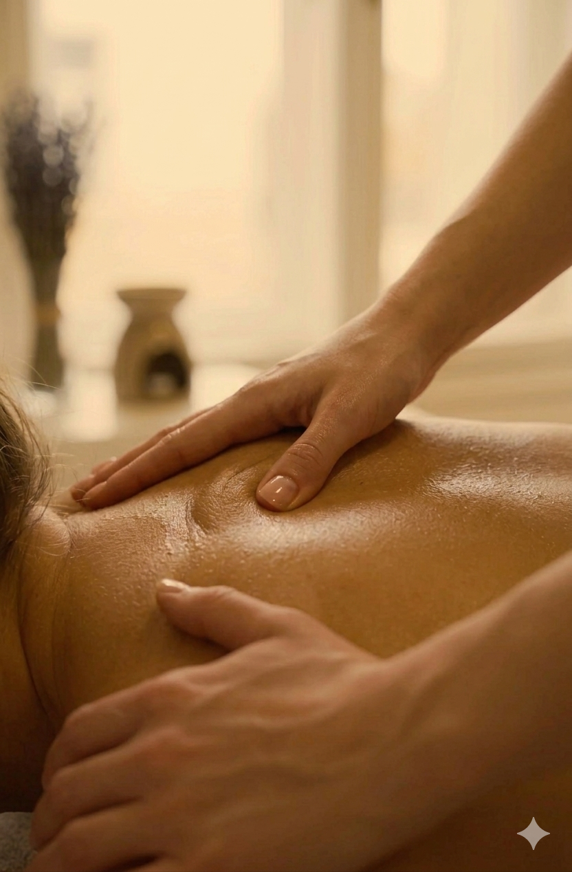 Close-up of a person receiving a massage, showing someone applying pressure to the person's back with their hands.