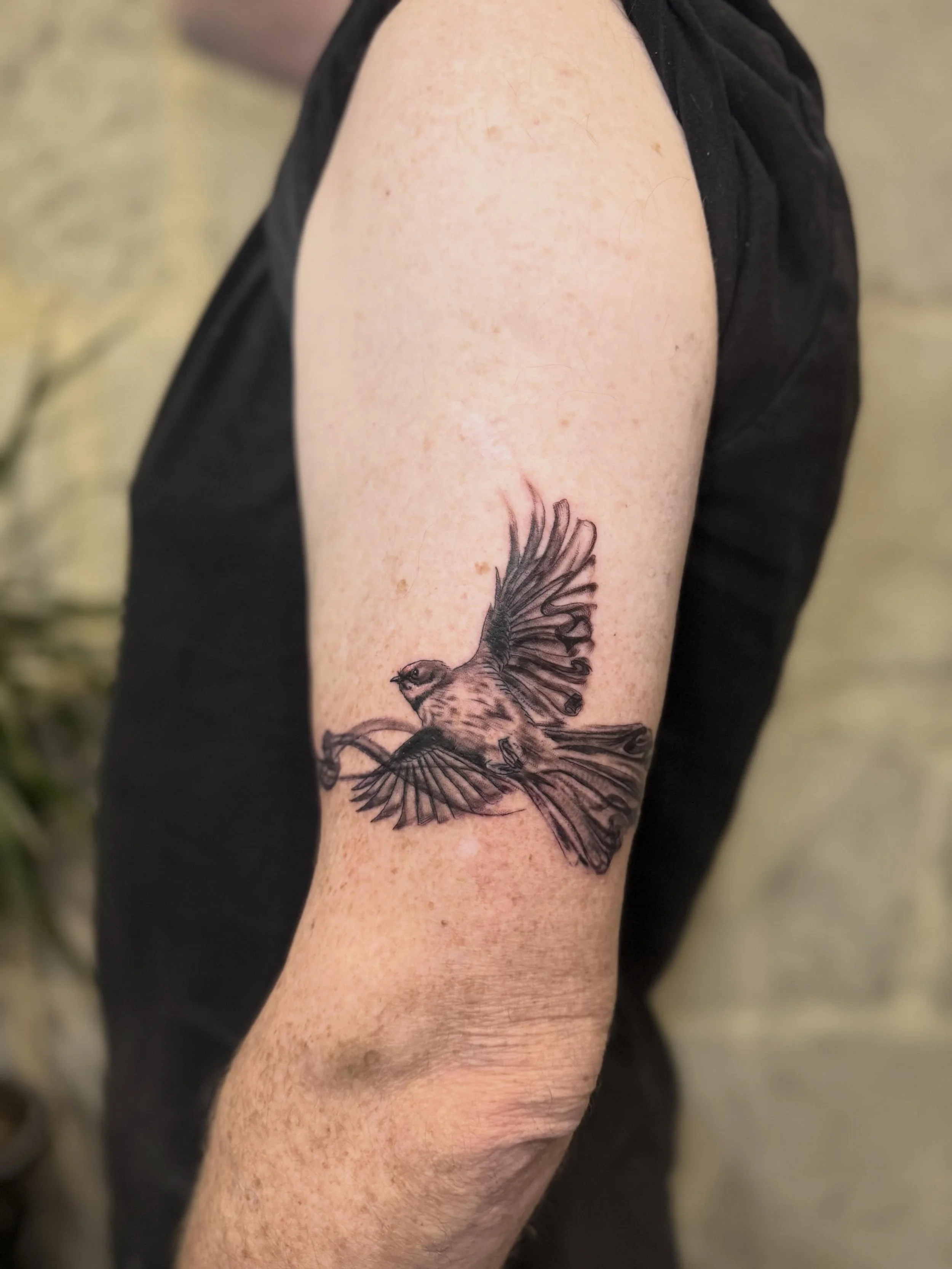 Smokey pīwakawaka for @matt.tulloch, a memorial.
Thanks heaps Matt look forward to the rest!

#smoketattoo #illustrativetattoo #birdtattoo #piwakawaka #nztattooartist