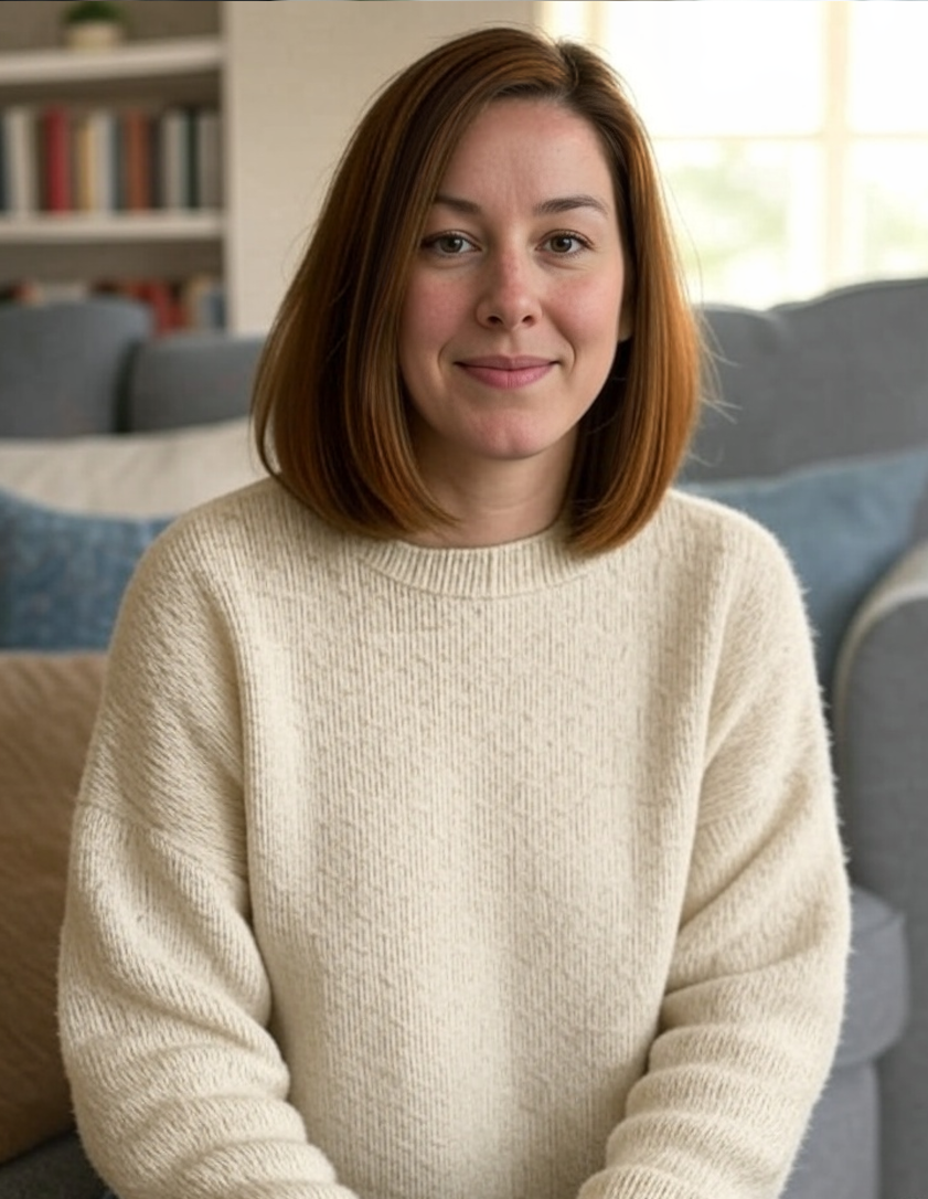 A woman with shoulder-length red hair and fair skin wearing a beige sweater, sitting on a sofa in a living room with a window in the background.