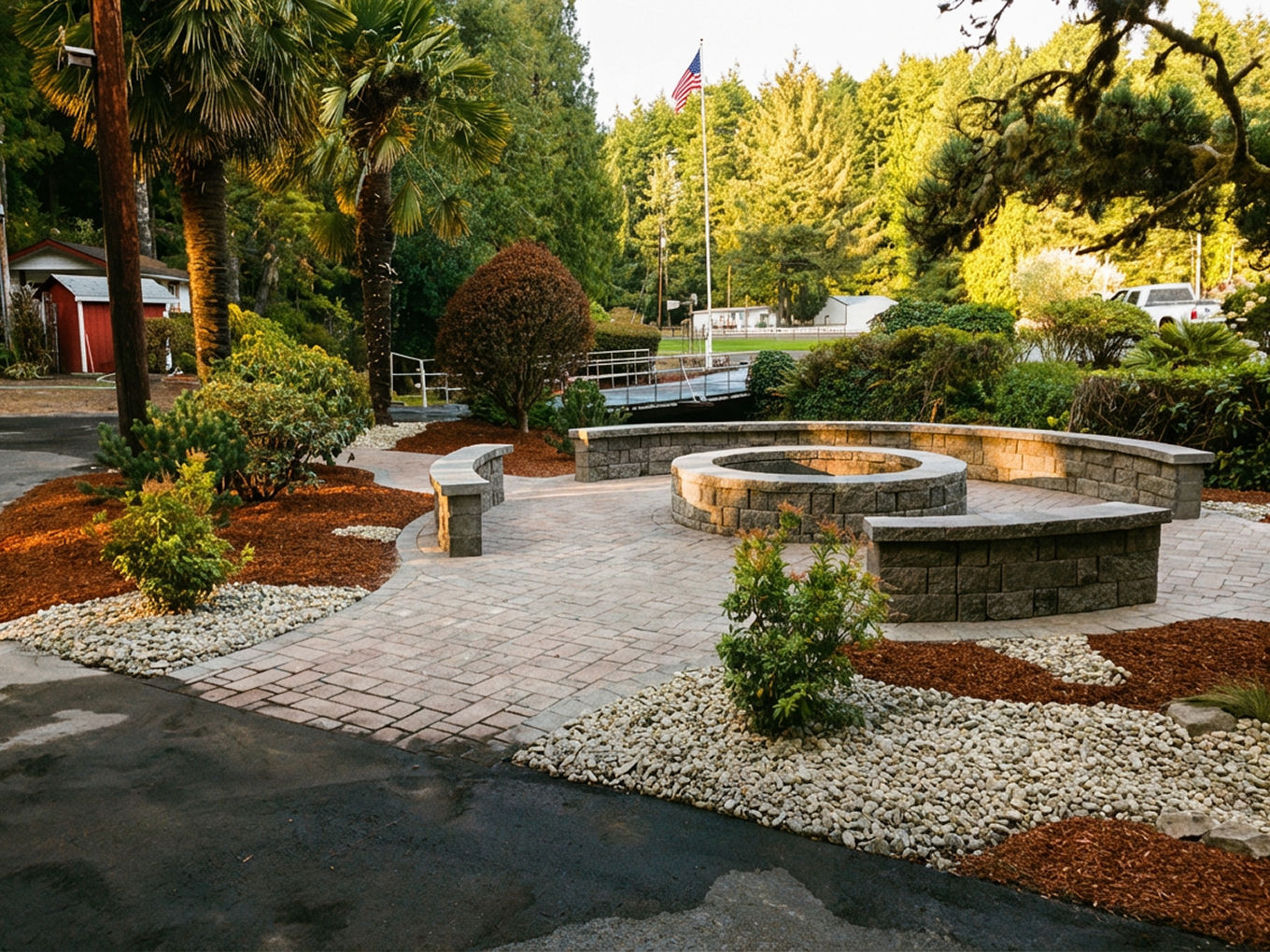 A landscaped backyard with a paved path, benches, and a fire pit, surrounded by trees, shrubs, and American flag in the background in Winchester Bay, Oregon
