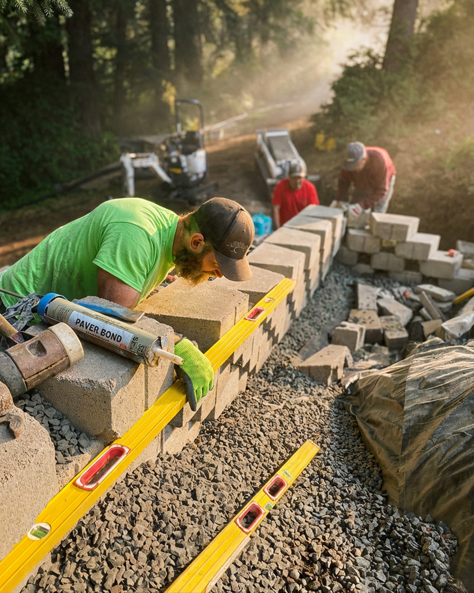 Landcape workers building retaining wall in a North Bend, Oregon using level tools and mortar, with a backhoe in the background and sunlight filtering through the trees.