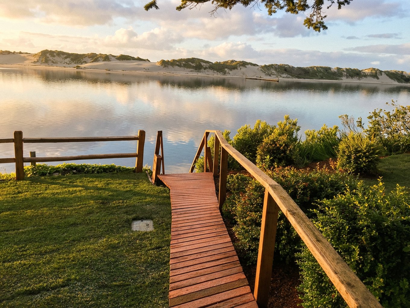 A wooden walkway deck with railings leads from a grassy area to a lakeshore, overlooking calm water reflecting a cloudy sky and distant sand dunes with greenery in Dunes City, Oregon