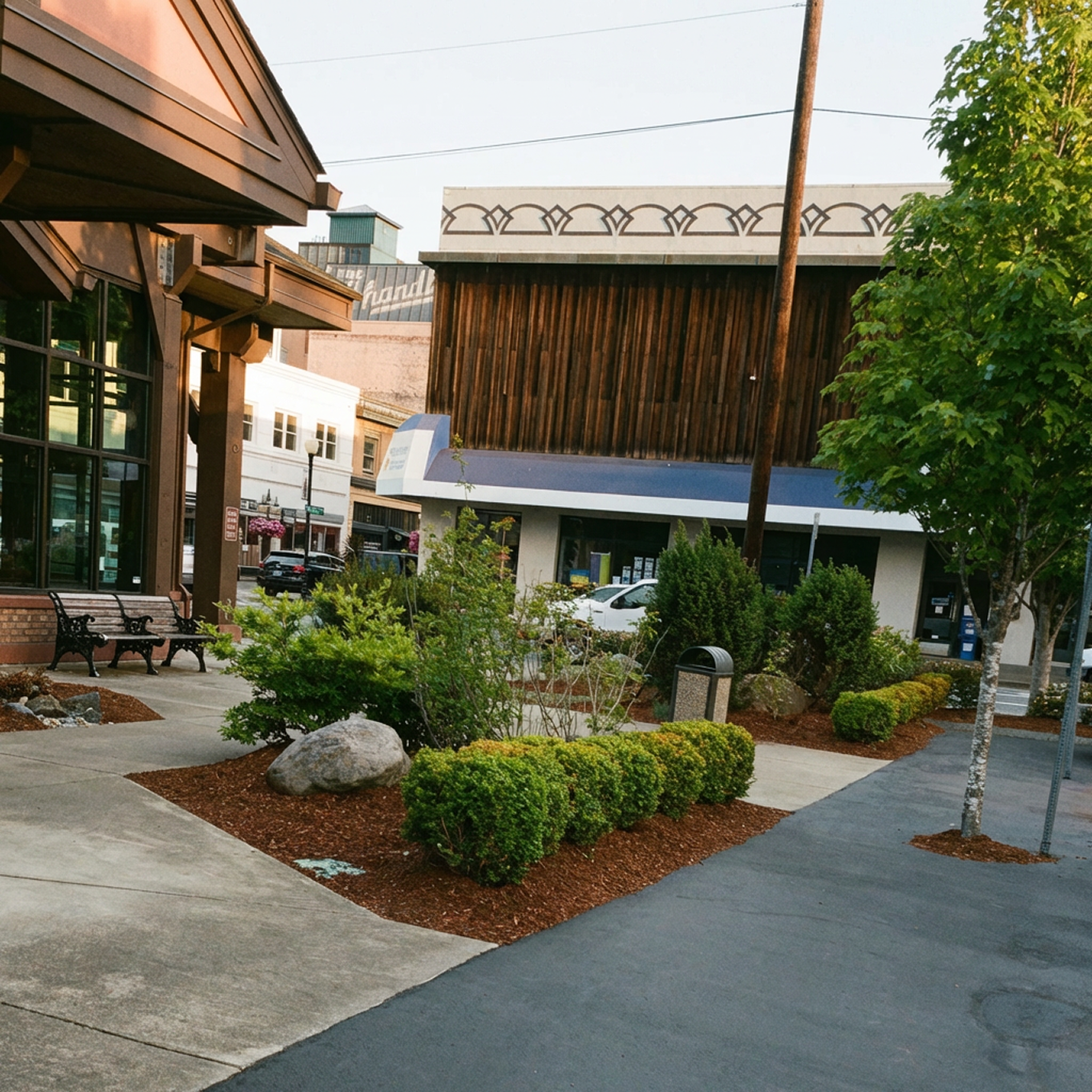 A sidewalk in a Scottsburg, Oregon downtown area with benches, trees, and well-maintained bushes. There is a building with a wooden facade and large glass windows, and other storefronts can be seen in the background. 