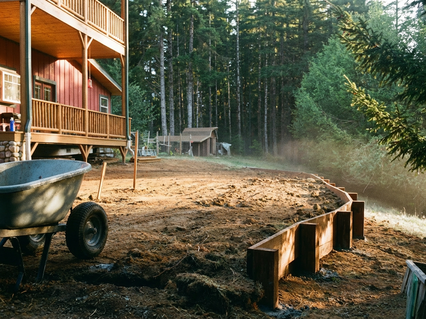 Backyard under construction for retaining wall and patio in Hauser, Oregon. Dirt and wooden framing, a wheelbarrow, and a house with a balcony, set against a forest backdrop.